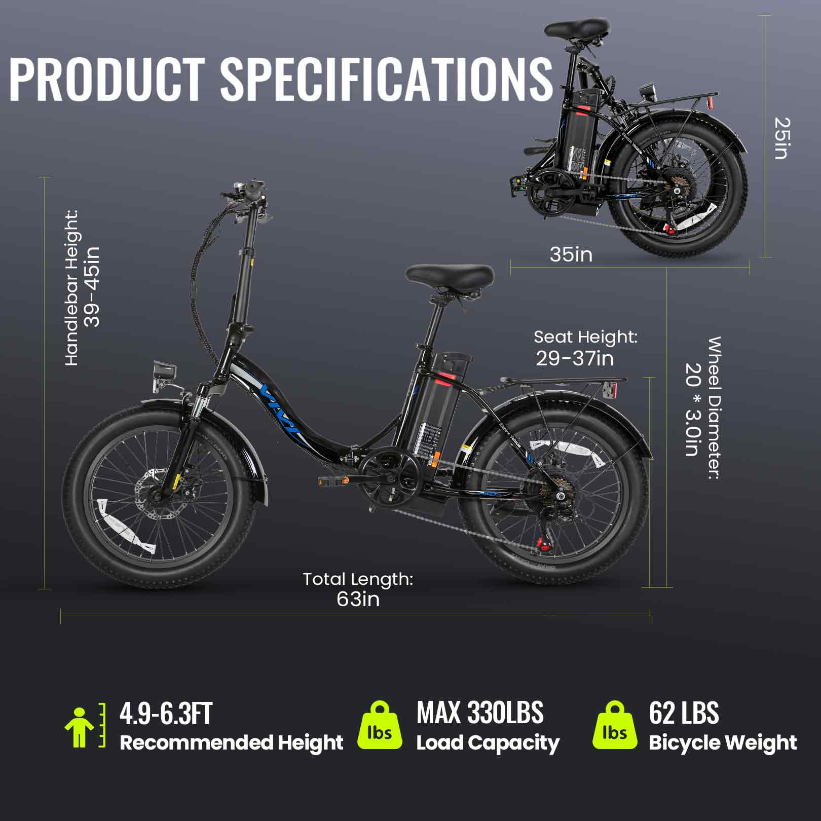 VIVI MT20UL Electric Bike 3.0" Fat Tire Folding Electric Bike SGS Certified to UL2849 - Image 8